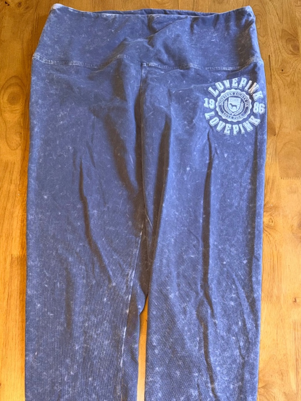 Victoria's Secret PINK Acid Wash Leggings Blue High Waist Logo Crest XL 306